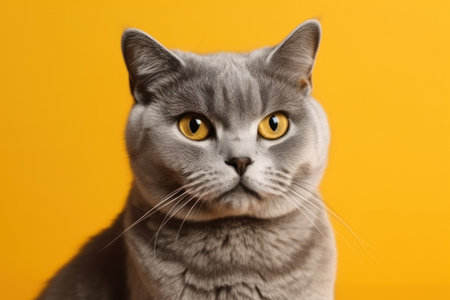 silver tabby british shorthair cat portrait looking serious or angry on yellow background with copy spaceの素材