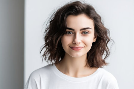 smiling beautiful brunette posing on a white wallの素材