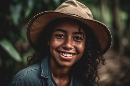 smiling latin brazilian woman in the farm, joy positive and loveの素材