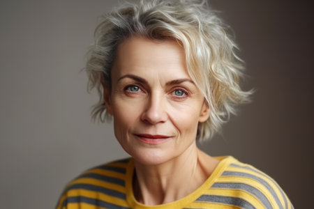 studio portrait of beautiful middle age woman isolated on beige background wearing grey and yellow stripe t shirtの素材