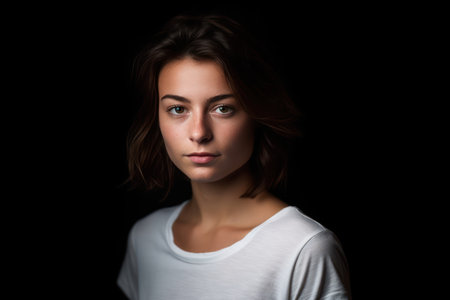 studio portrait of a pretty brunette woman in a white blank t shirt against a plain black background looking at cameraの素材