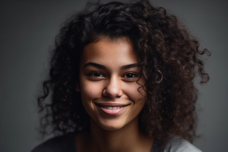studio portrait of a beautiful young woman with black curly hair laughing mixed race girl wearing white t shirt looking at camera isolated on grey backgroundの素材