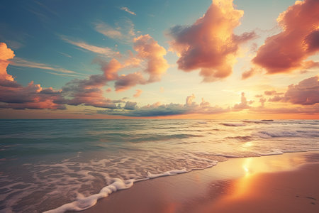 Enigmatic Serenity: Summer Escapade in Blurred Sunlight Beach with Autumn Sunset Skyの素材