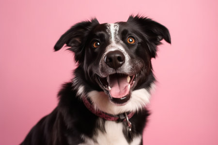 studio portrait of smiling black brown and white mixed breed rescue dog sitting and smiling against a pink backgroundの素材