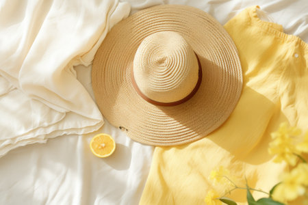 Sun-kissed Serenity: A Minimalist Summer Flat Lay with Straw Hat, Lemon Fruits, and Eco-Friendly Mesh Shopping Bagの素材