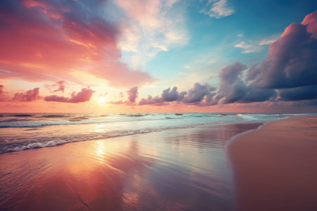Enigmatic Serenity: Summer Escapade in Blurred Sunlight Beach with Autumn Sunset Skyの素材
