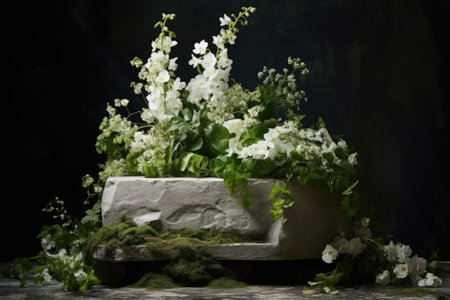 Nature's Elegance: Showcasing Green Beauty - A Stone Podium Adorned with White Flowersの素材