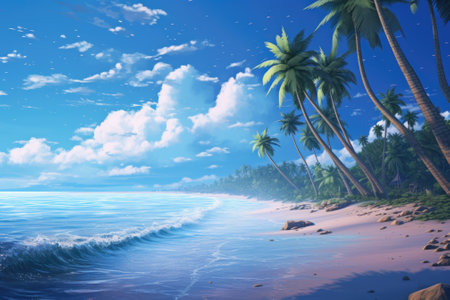 Paradise Found: A Serene Summer Escape with Azure Waves, Lush Palms, and a Tranquil Skyの素材
