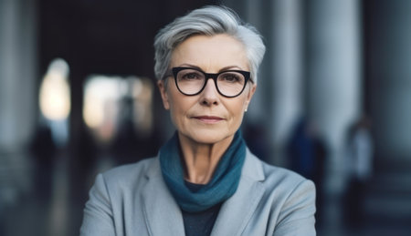 pretty older business woman successful confidence with arms crossed in financial buildingの素材