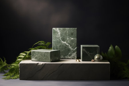 Graceful Elegance: A Natural Stone and Concrete Podium Immersed in a Serene Green Background for Captivating Packaging Product Presentationsの素材