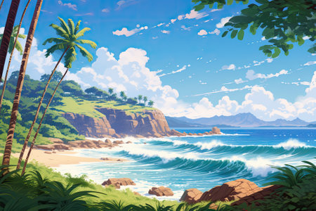 Paradise Found: A Serene Summer Escape with Azure Waves, Lush Palms, and a Tranquil Skyの素材