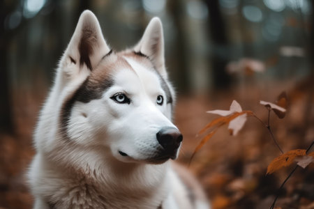 siberian husky dog portrait with brown eyes and white coat color cute sled dog breed friendly husky dog portrait outdoor forest background walking with beautiful adult pet favorite breed of dogの素材