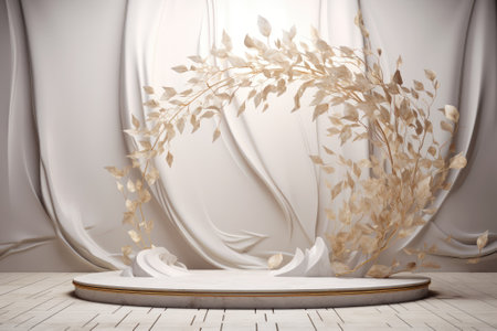Whimsical Elegance: A Delicate Dance of White Marble Leaves - 3D Render Product Display Podiumの素材