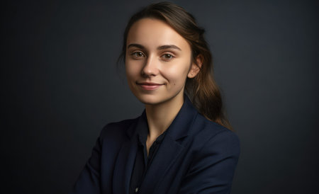 studio portrait of smiling young businesswoman with folded arms against plain backgroundの素材