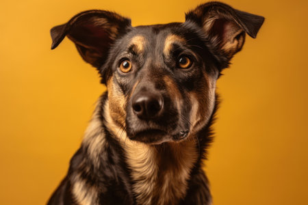 studio headshot portrait of mixed breed rescue dog tilting head against yellow backgroundの素材