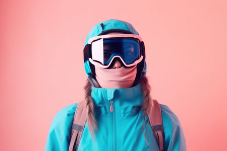 snowboarder woman wear blue suit goggles mask hat ski padded jacket do selfie shot on mobile cell phone isolated on plain pastel pink background winter extreme sport hobby weekend trip relax conceptの素材