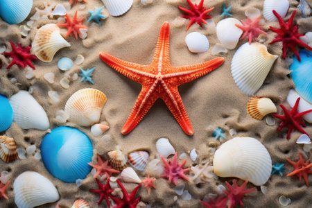 Under the Sea Treasures: A Serene Top View of Starfish, Shells, and Sandy Shoresの素材