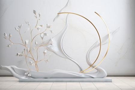 Whimsical Elegance: A Delicate Dance of White Marble Leaves - 3D Render Product Display Podiumの素材