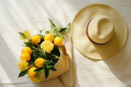 Sun-kissed Serenity: A Minimalist Summer Flat Lay with Straw Hat, Lemon Fruits, and Eco-Friendly Mesh Shopping Bagの素材