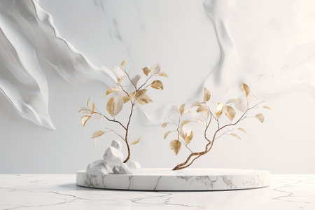 Whimsical Elegance: A Delicate Dance of White Marble Leaves - 3D Render Product Display Podiumの素材