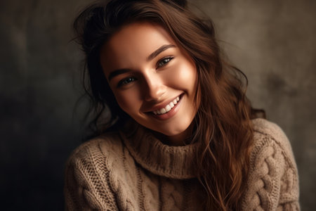 young brunette woman wearing casual winter sweater with a happy and cool smile on face, lucky personの素材