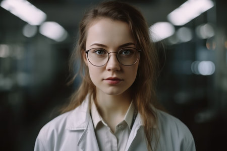 young successful female worker of scientific laboratory in whitecoat and eyeglasses standing by glass wall inside office in front of cameraの素材