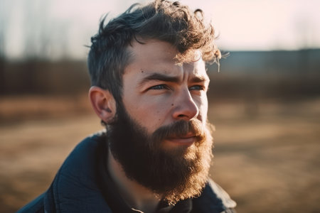 young caucasian man with beard outdoors on a sunny dayの素材