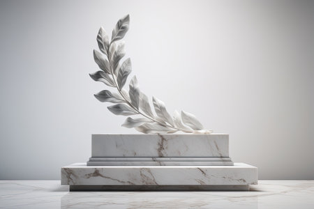 Elegance in Stone: 3D Render of a White Marble Leaf Podium for Product Displayの素材