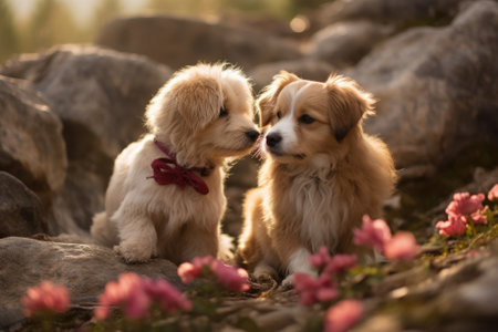 Hugs of Love: A Valentine's Day Adventure with Two Playful Pups in Natureの素材