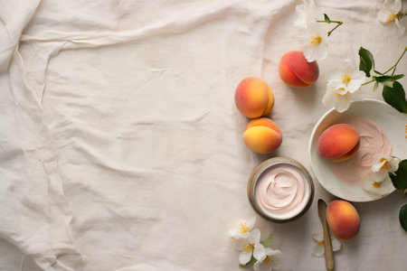 A Palette of Peach Delights: Captivating Flat Lay with Scrumptious Yogurt on a Serene Grey Canvasの素材