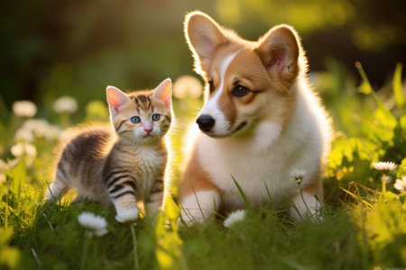 Fuzzy Companions at the Meadow: A Corgi and Tabby Taleの素材