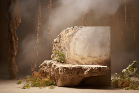 Organic Elegance: Showcasing Natural Beige Beauty on a Lush Stone Podiumの素材
