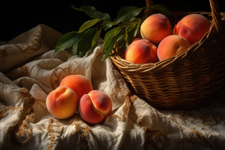 Glimmers of Golden Bliss: Peaches in Wicker, Drenched in Contrast Shadowsの素材