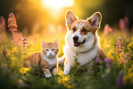 Pawsome Partners: A Corgi and Tabby Tale in the Meadowの素材