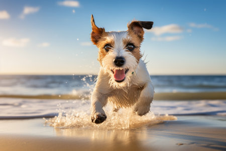 Golden Hues and Joyful Bounds: A Parson Russell Terrier's Beachside Adventureの素材
