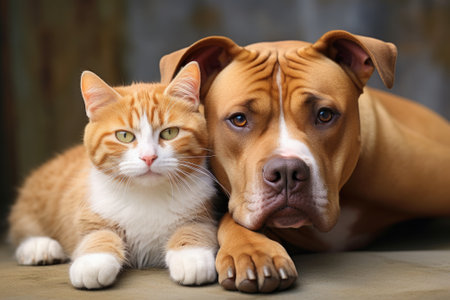 Dynamic Duos: The Tale of an Attentive American Staffordshire Dog and a Ginger Catの素材