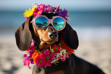 Dashing Dachshund: A Beachside Adventure in Shades and Floral Chainsの素材