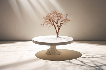 Nature's Harmony: A Stunning White Marble Table with Tree Shadow Perfect for Product Showcasing and Mock-upsの素材