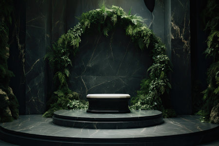 Opulence Unveiled: A Luxurious Marble Stone Podium With a Enchanting Forest Green Backdropの素材