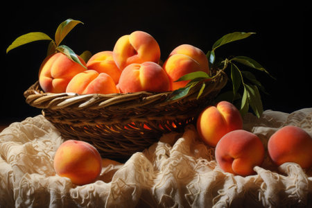 Glimmers of Golden Bliss: Peaches in Wicker, Drenched in Contrast Shadowsの素材