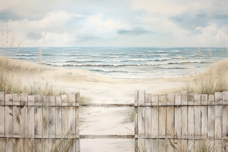 Summer Serenity: A Tranquil Beachscape on White Planked Woodの素材