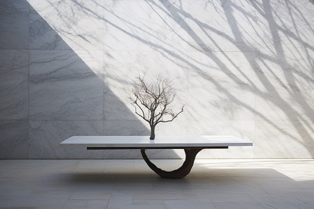 Nature's Elegance: White Marble Table Enhancing the Tree-shadowed Concrete Wall Textureの素材