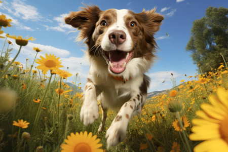 Joyful Paws: A Playful Tale of a Lively Pup frolicking in the Meadowの素材