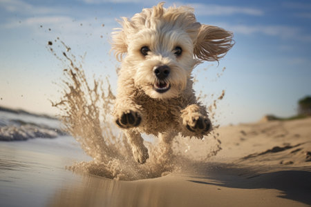 Pawprints of Joy: A Purebred Pooch Pouncing on the Sandy Shoreの素材