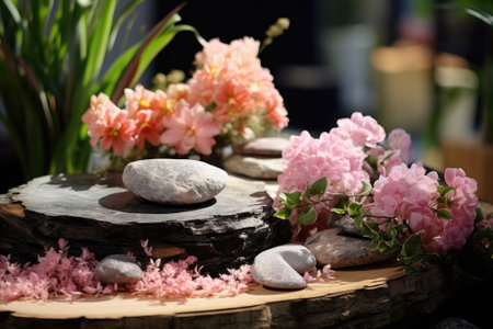 Serene Stones and Blooms: A Tranquil Catwalk Unveiling Natural Productsの素材