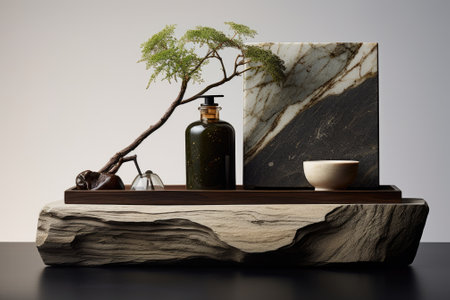 Natural Elegance: A Wood and Stone Podium for Perfume, Jewellery, and Cosmeticsの素材