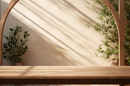Natural Tranquility: Panoramic Wood Table Mockup with Sunlit Window, Leaf Shadows, and Indoor Greeneryの素材