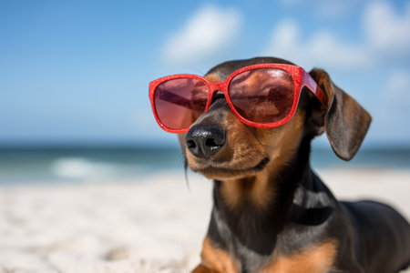 Sandy Paws: A Dachshund's Beach Adventure in Red Sunglassesの素材
