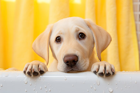 Splash of Sunshine: A Yellow Lab's Refreshing Bath Time Routineの素材
