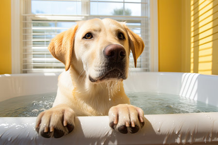 Splash of Sunshine: A Yellow Lab's Refreshing Bath Time Routineの素材
